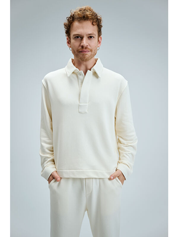 gothamVibes Erkek Timeless Polo Yaka Krem Sweatshirt