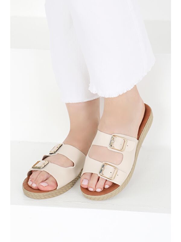 Kadın Krem Tokalı Terlik - 27406 - Görsel 2