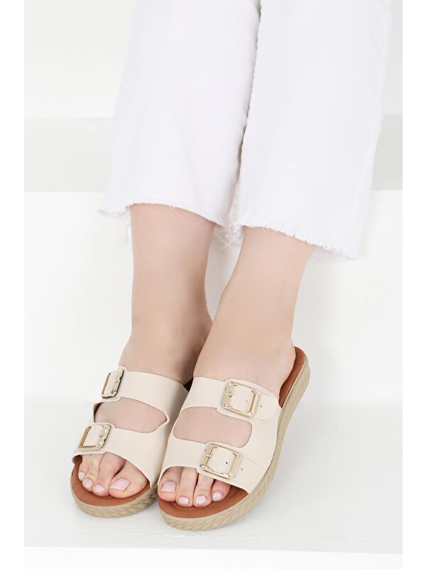 Kadın Krem Tokalı Terlik - 27406 - Görsel 4