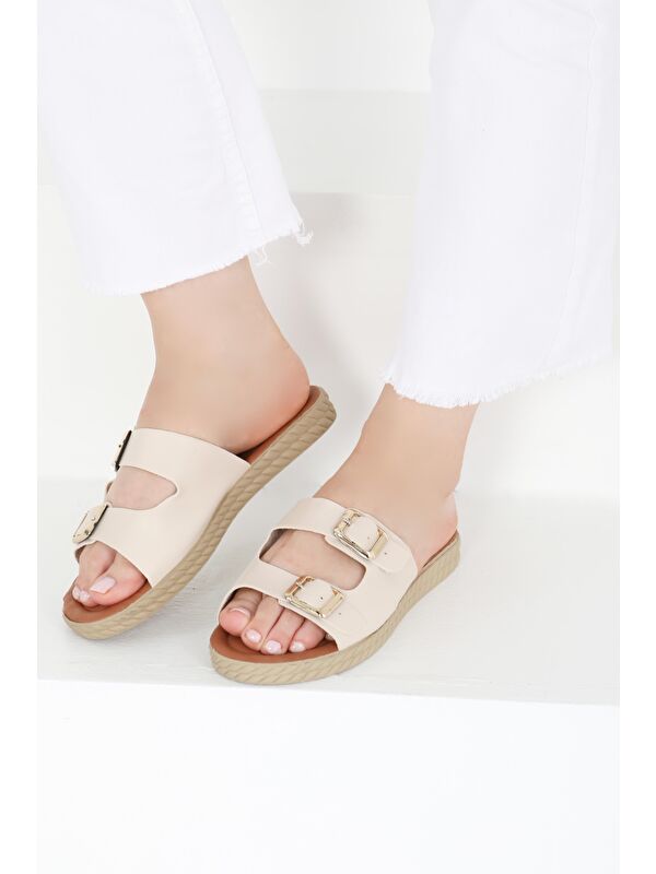 Kadın Krem Tokalı Terlik - 27406 - Görsel 5