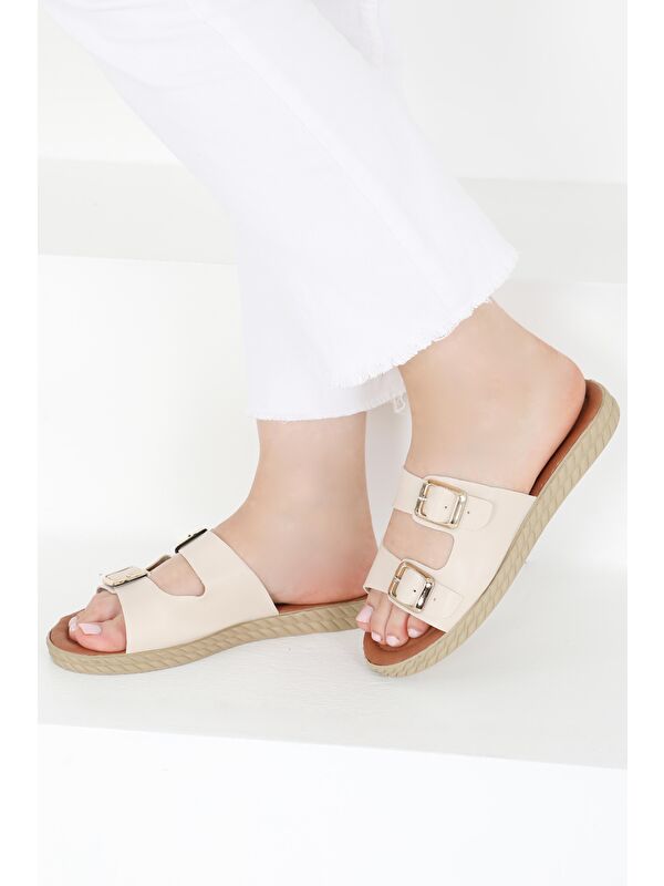 Kadın Krem Tokalı Terlik - 27406 - Görsel 6