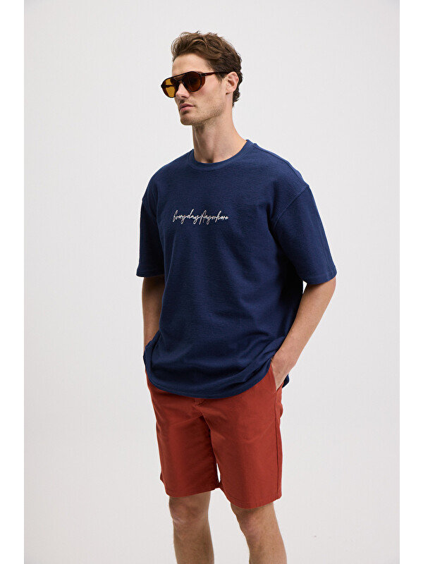 GRIMELANGE OURFLOW Erkek Nakış Detaylı %100 Organik Pamuk Bisiklet Yaka Kısa Kollu Oversize LACİVERT T-Shirt