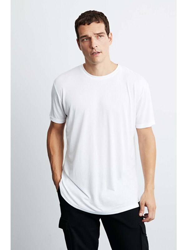 GRIMELANGE OSCAR Erkek Comfort Fit Uzun Dökümlü Kumaş BEYAZ T-Shirt