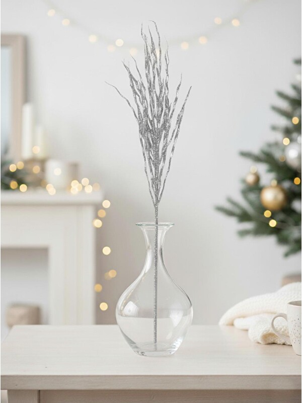 Parti Adresi Gümüş Simli Yılbaşı Dekor Dalı – Silver Glitter Parlak Ağaç Süsü 70 cm