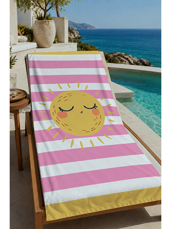 Milbay Grup Milbay Grup Pembe Beyaz Çizgili Gülen Güneş Desenli 70x150 Cm Dijital  Plaj Ve Banyo Havlusu-37390