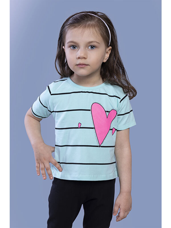 Toontoykids Kız Çocuk Çizgli Kalp Baskılı Taş İşlemeli Tişört