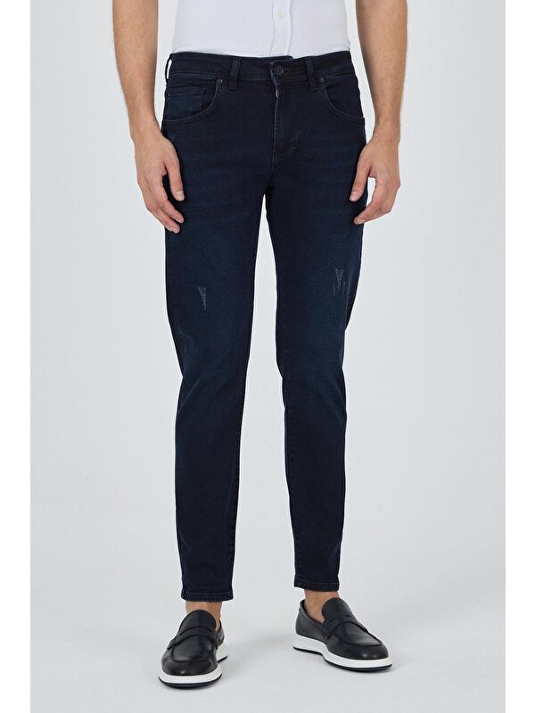 İMZA Koyu Lacivert Gabardin 5 Cep Düz Paça Casual Slim Fit Pamuklu Denim Jean Pantolon 1023250150