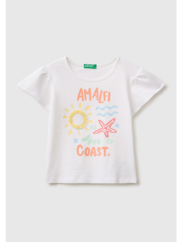 United Colors Of Benetton Kız Bebek Beyaz Baskı ve Püskül Detaylı Regular Fit T-Shirt