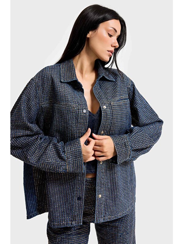 It's Basic Kadın T.Kot Rengi T-1w5-7 Oversize Parlak Taşlı Özel Tasarım Denim Ceket