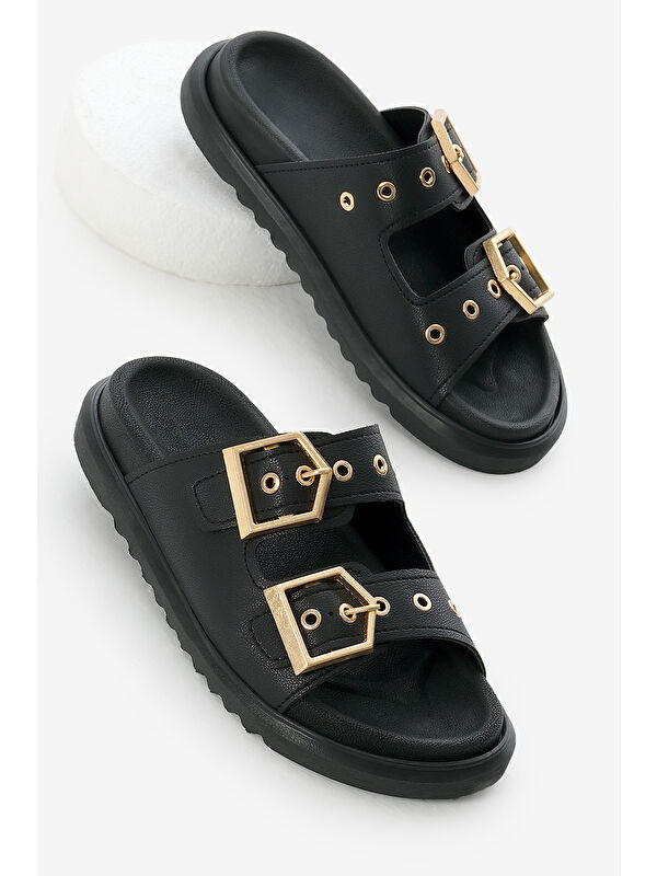 Tonny Black Siyah Tonny Black Poli Taban Kadın Çift Bantlı Tokalı Terlik