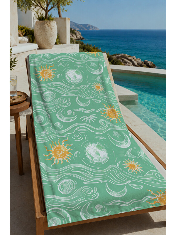 Milbay Grup Mint Yeşili Güneş Dalga ve Deniz Motifli 70x150 cm Dijital Baskılı Plaj ve Banyo Havlusu