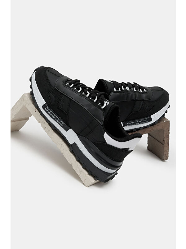 TONNY BLACK Unisex Siyah Beyaz Kalın Termo Taban Yazı Detaylı Retro Stil Günlük Spor Ayakkabı