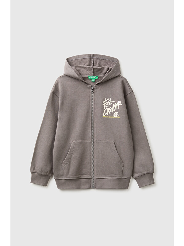 United Colors Of Benetton Erkek Çocuk Koyu Gri Ribanalı Cepli Kapüşonlu Fermuarlı Sweatshirt