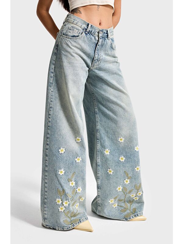 It's Basic Kadın T.Kot Rengi 4s6-67 Palazzo Fit Özel Çiçek Nakışlı Tasarım Denim Jean