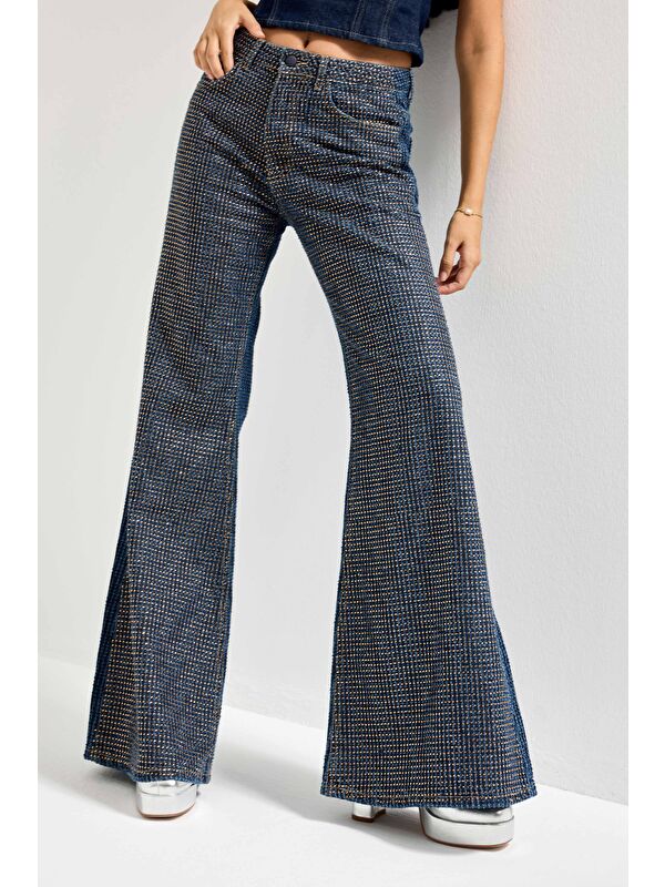 It's Basic Kadın T.Kot Rengi T-1w5-7 Flare Fit Önü Parlak Taşlı Özel Tasarım Denim Jean