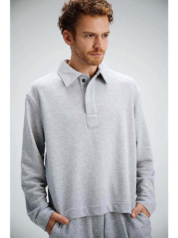 gothamVibes Erkek Timeless Polo Yaka Gri Sweatshirt