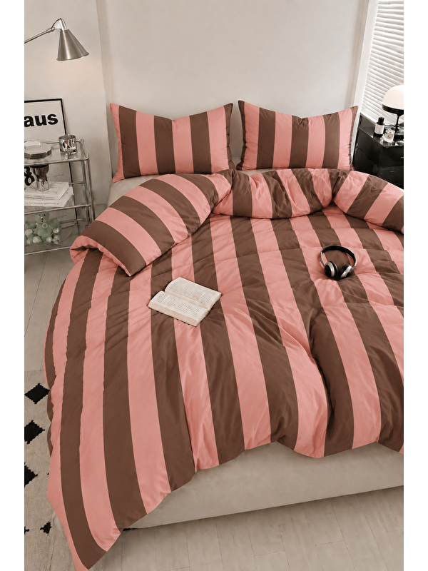 Milbay Grup Çikolata Kahve Renkli Çizgili Nevresim Seti Modern Desenli 200x220 Çift Kişilik Yorgan Kılıfı