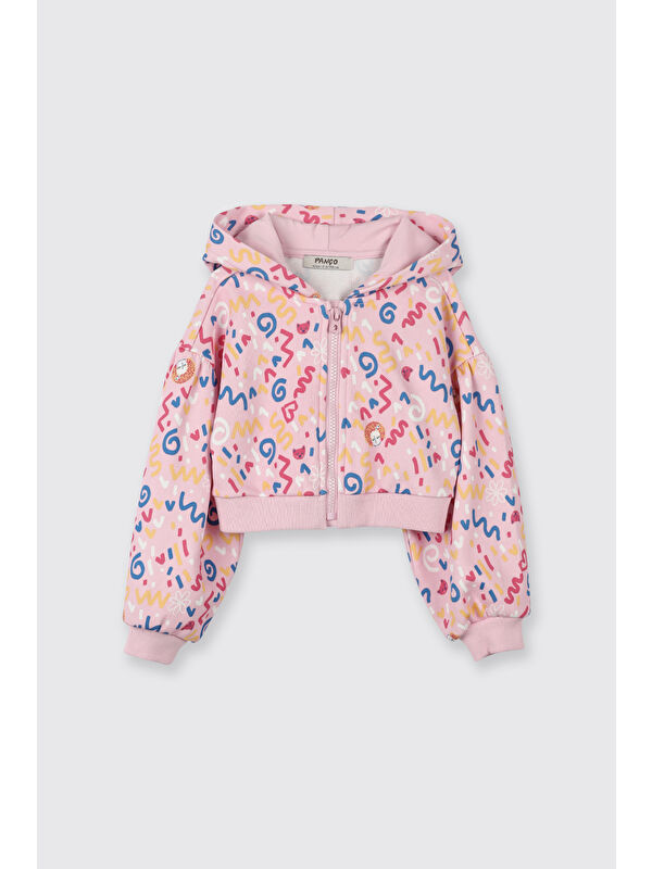 Panço Kız Bebek Kapüşonlu Baskılı Fermuarlı Pembe Sweatshirt