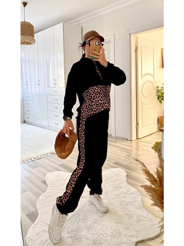 Jane's Kadın Uzun Kollu Leopar Detay Sweat Ve Yanı Leopar şerit Detay Pantolon Ikili Takım