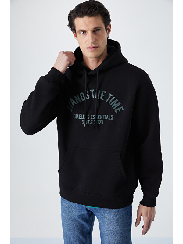 GRIMELANGE WULF Erkek Organik Kumaşlı İçi Polarlı Yumuşacık Kanguru Cepli Kapüşonlu SİYAH Sweatshirt