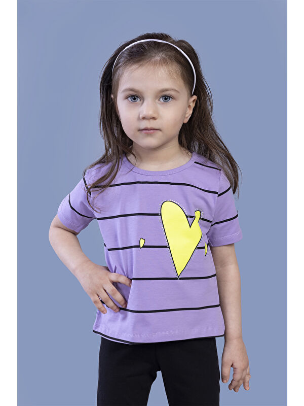 Toontoykids Kız Çocuk Çizgli Kalp Baskılı Taş İşlemeli Tişört