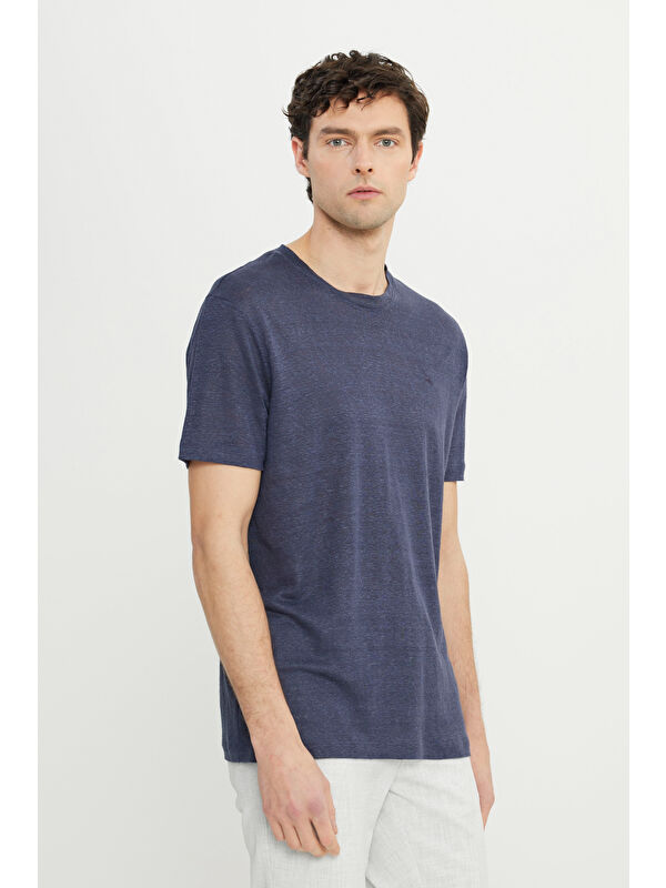 Altınyıldız Classics Erkek Lacivert %100 Keten Slim Fit Dar Kesim Bisiklet Yaka Tişört