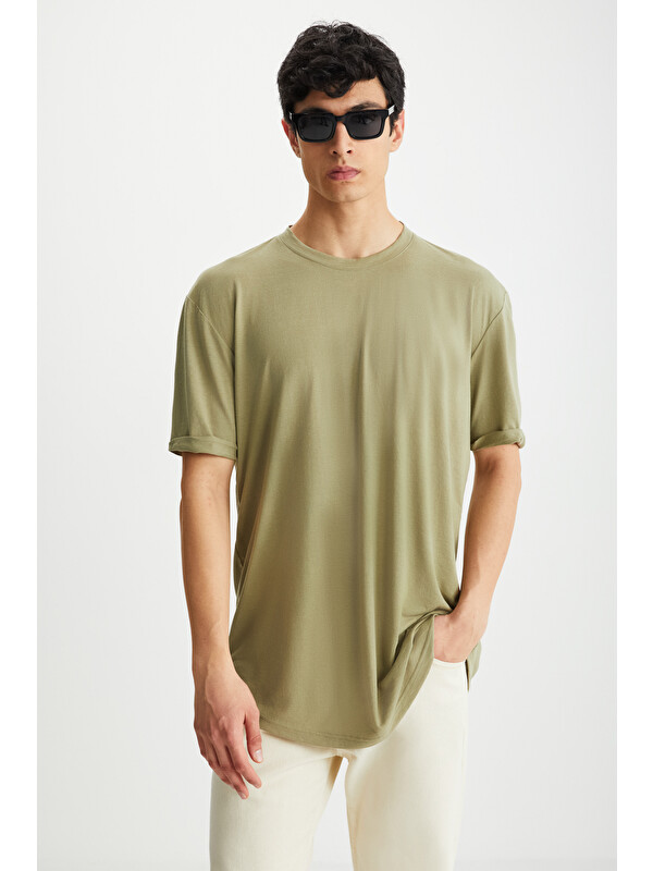 GRIMELANGE OSCAR Erkek Comfort Fit Uzun Dökümlü Kumaş HAKİ T-Shirt