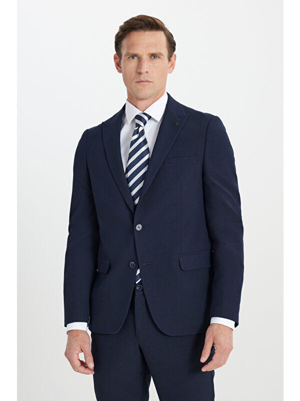 Altınyıldız Classics Erkek Lacivert Slim Fit Dar Kesim Kırlangıç Yaka Gofre Desenli Takım Elbise