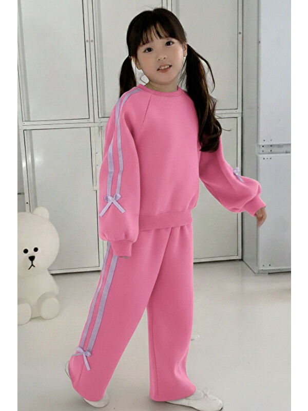 My Kids Wear Kız Çocuk Çift Şerit Kurdele Üç İplik Eşofman Takımı 3-10 Yaş 12340