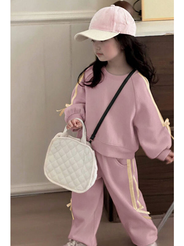 My Kids Wear Kız Çocuk Çift Şerit Kurdele Üç İplik Eşofman Takımı 3-10 Yaş 12341
