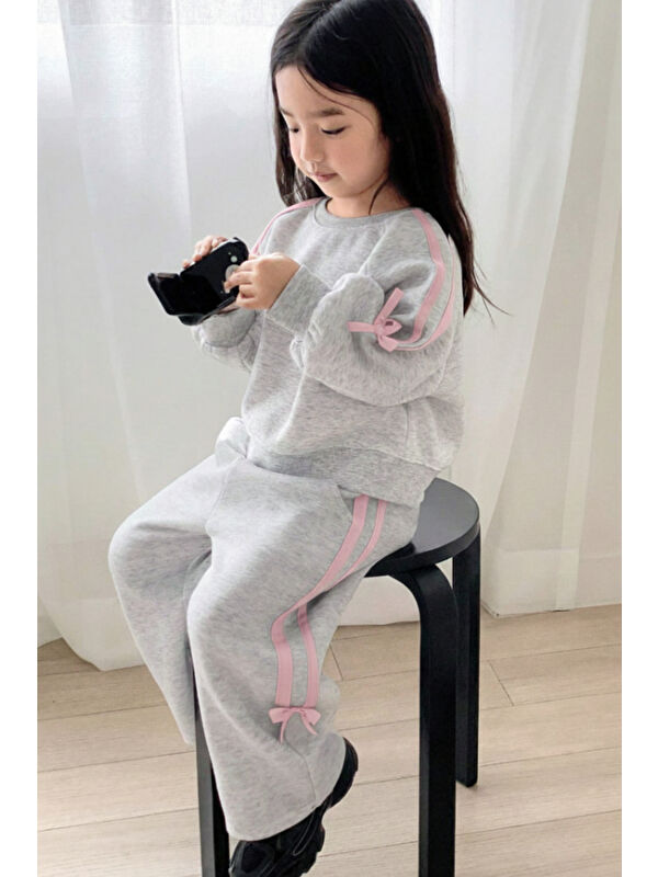 My Kids Wear Kız Çocuk Çift Şerit Kurdele Üç İplik Eşofman Takımı 3-10 Yaş 12342