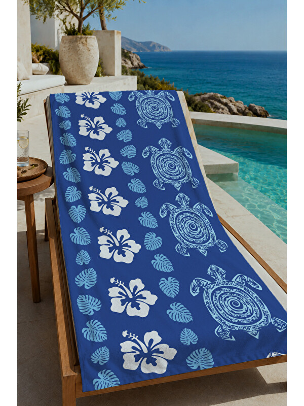 Milbay Grup Lacivert Deniz Kaplumbağası ve Hibiskus Çiçeği 70x150 cm Dijital Baskılı Plaj ve Banyo Havlusu