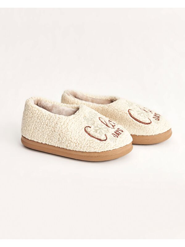 Kadın Kışlık Cold Days Nakışlı Rahat Ev İçi Ayakkabı – Krem Renk - Görsel 2