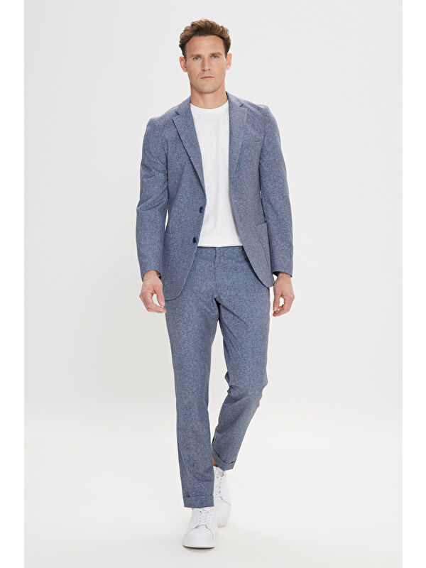 Altınyıldız Classics Erkek Lacivert Slim Fit Mono Yaka Beli Bağlamalı Desenli Takım Elbise