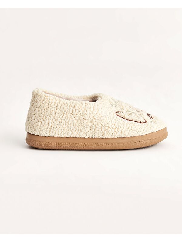 Kadın Kışlık Cold Days Nakışlı Rahat Ev İçi Ayakkabı – Krem Renk - Görsel 4