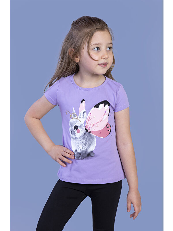 Toontoykids Kız Çocuk Tavşan Baskılı Pul İşlemeli Tişört