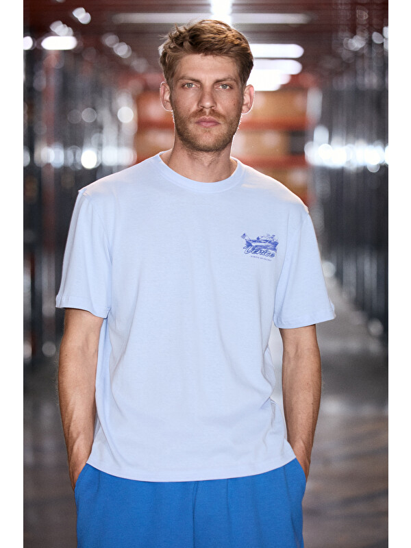 GRIMELANGE ROOMY Erkek %100 Organik Pamuklu Yuvarlak Yakalı Baskı Detaylı Comfort Fit MAVİ T-Shirt