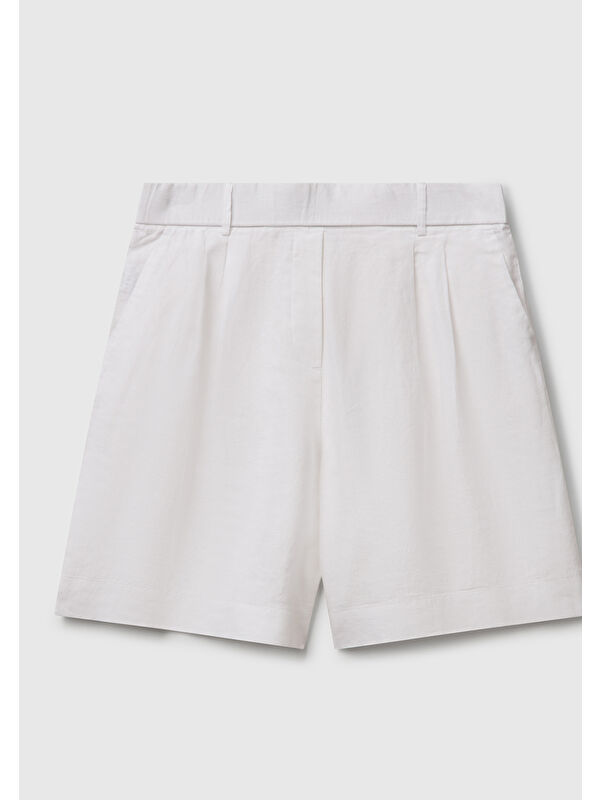 United Colors Of Benetton Kadın Beyaz %100 Keten Arka Beli Lastikli Pileli Relax Fit Bermuda Şort