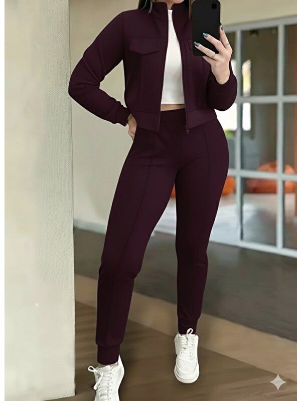 Jane's Kadın Uzun Kollu önden Fermuarlı Kısa Modal Mor Ceket Ve Pantolon Ikili Takım