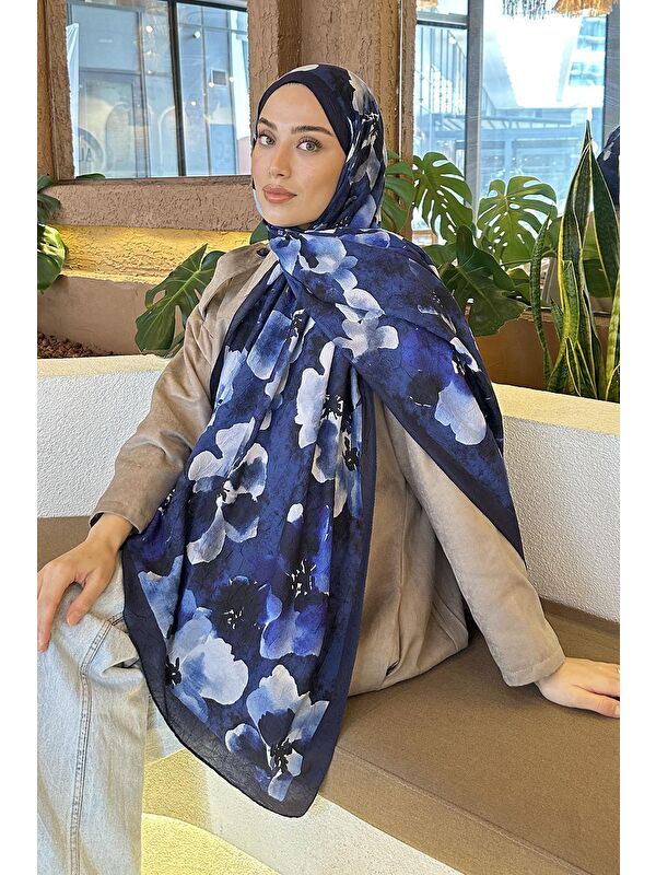 Lamelif Batik Çiçek Desen Bambu Şal Lacivert