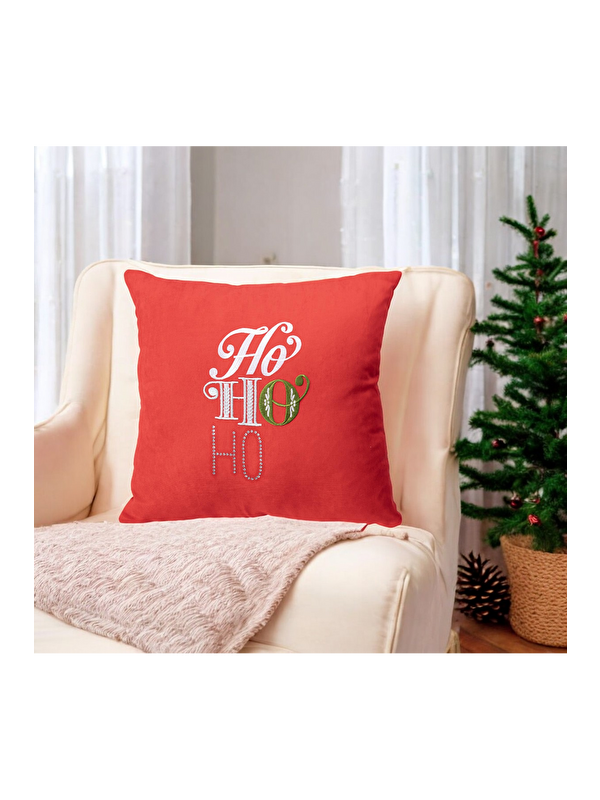 Asdiva Yılbaşı Noel Temalı "HO HO HO" Nakış ve İşleme Detaylı Dekoratif Kırlent Kılıfı - Kırmızı 45x45