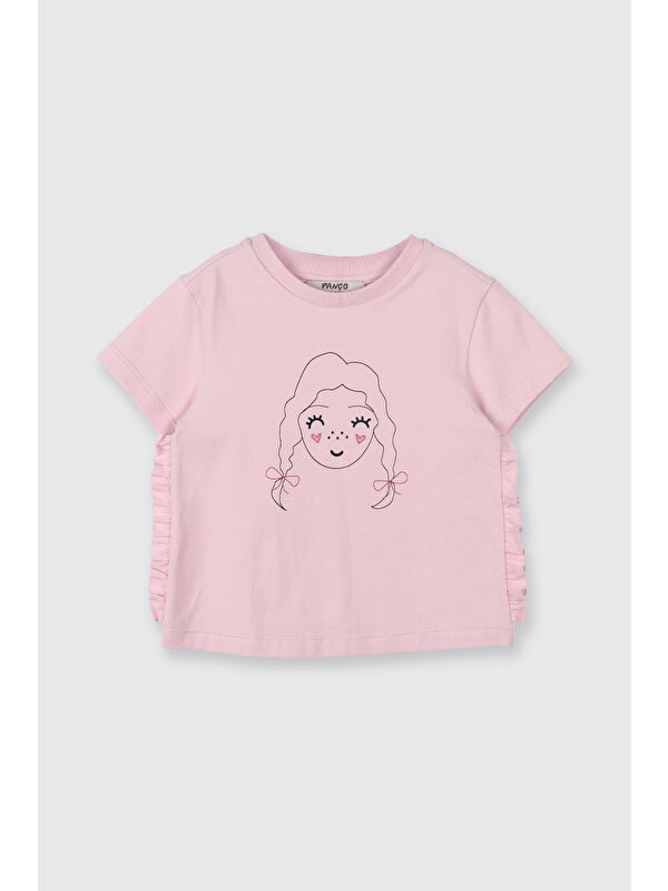 Panço Kız Bebek Baskılı Fırfır Detaylı Pembe Tişört