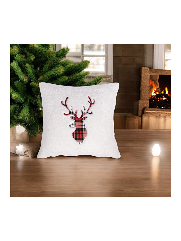 Asdiva Yılbaşı Noel Temalı Ekose Geyik Temalı Puffy Kumaş Dekoratif Kırlent Kılıfı - Beyaz 45x45