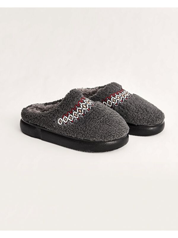 Kadın Kışlık Pelüş Ev İçi Ayakkabı – Camel Ve Gri Desenli Şerit Detaylı, Etnik Desenli Rahat Poliüre - Görsel 2