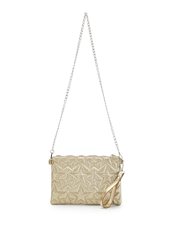 Minebag Yıldız Dikişli Clutch Star Kadın Çanta Simli Gold