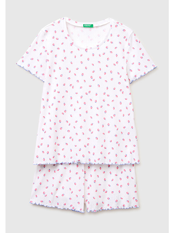 United Colors Of Benetton Kadın Beyaz %100 Pamuk Fırfır Detaylı Desenli Pijama Takımı