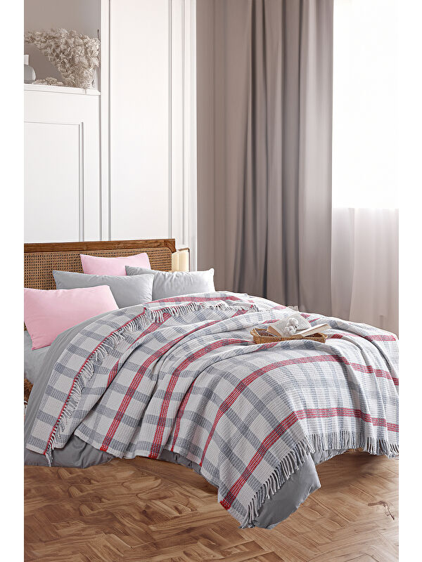 UPSTYLE Battaniye Pamuklu Çift Kişilik Warm Soft Gri-Kırmızı