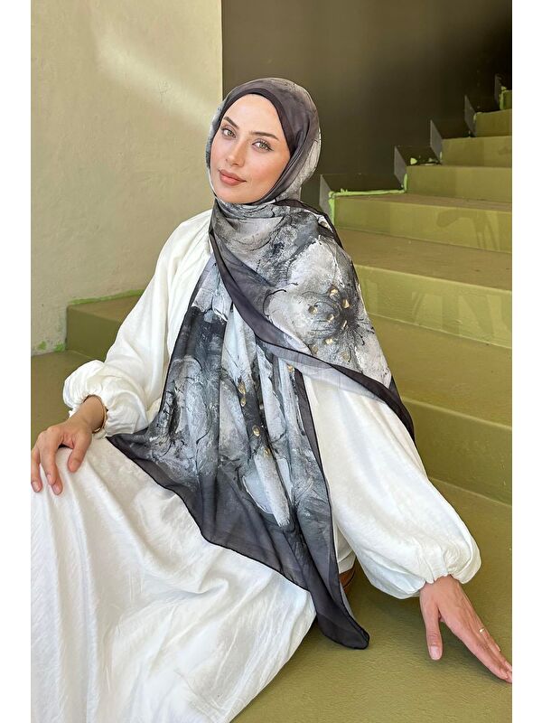 Lamelif Bohem Çiçek Desen Soft Şal Siyah Kahverengi