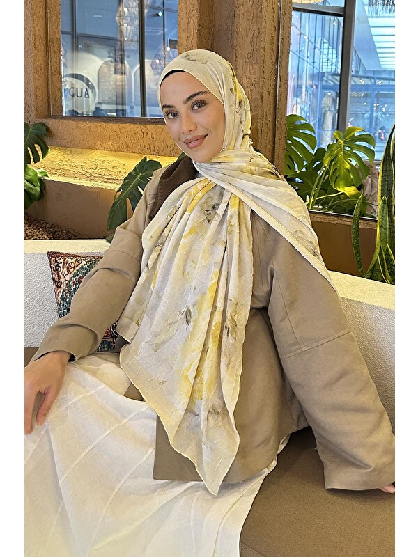 Lamelif Gül Desen Bambu Şal Sarı