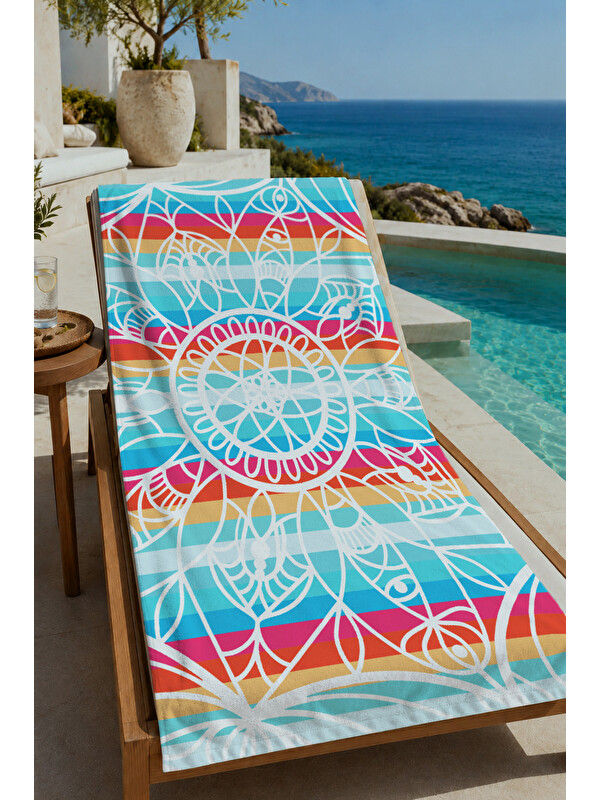 Milbay Grup Renkli Bohem Mandala Geometrik Desenli 70x150 cm Dijital Baskılı Plaj ve Banyo Havlusu